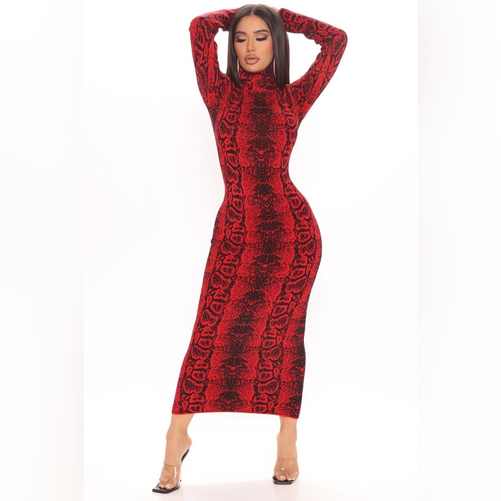 Fashion Nova Red and Black Long Sleeve Dress - Picture 2 of 7
